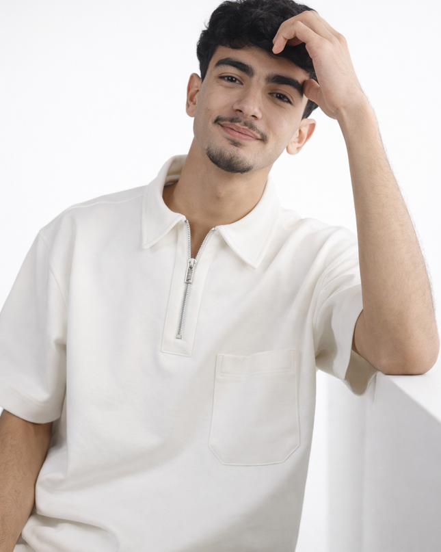 Luqman Half-Zip Textured Boxy Polo – White