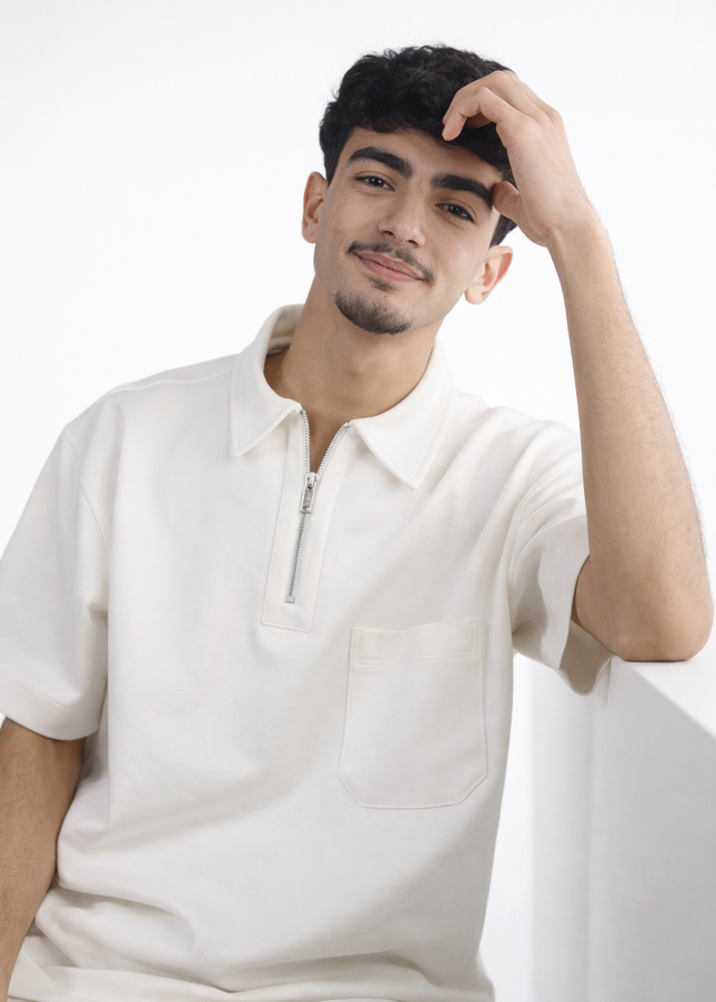 Luqman Half-Zip Textured Boxy Polo – White