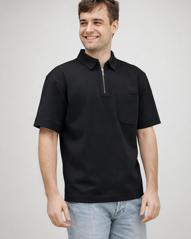 Luqman Half-Zip Textured Boxy Polo – Black