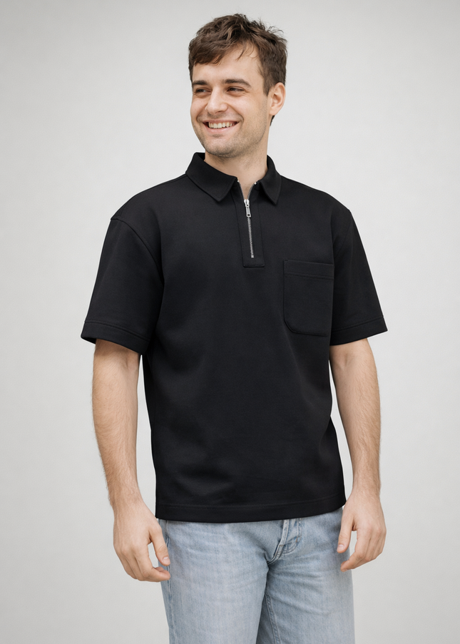 Luqman Half-Zip Textured Boxy Polo – Black
