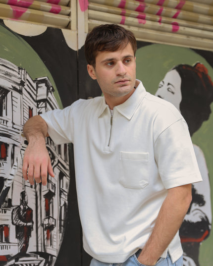 Luqman Half-Zip Textured Boxy Polo – White