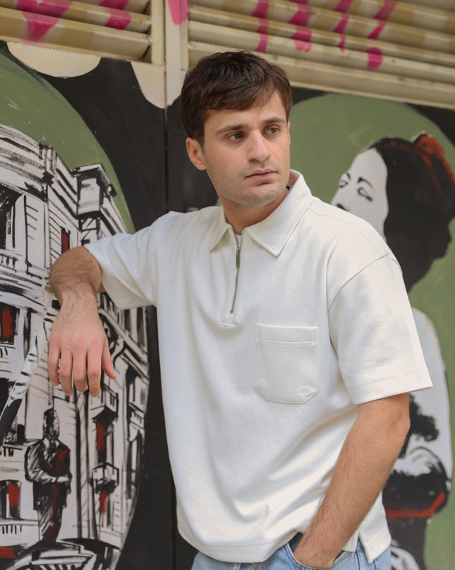 Luqman Half-Zip Textured Boxy Polo – White