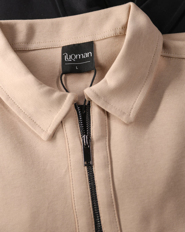 Luqman Half-Zip Textured Boxy Polo – Beige