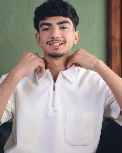Luqman Half-Zip Textured Boxy Polo – White