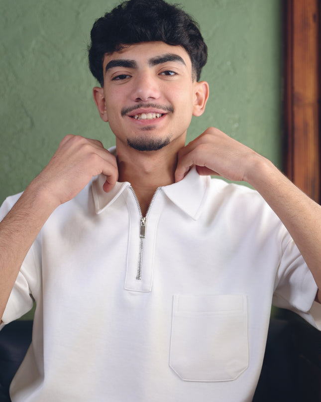 Luqman Half-Zip Textured Boxy Polo – White