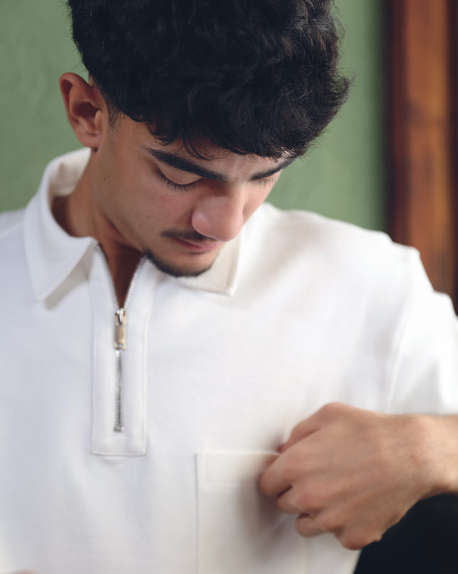 Luqman Half-Zip Textured Boxy Polo – White