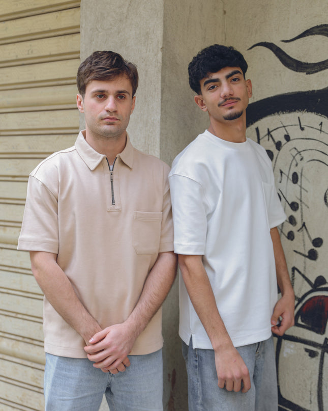 Luqman Half-Zip Textured Boxy Polo – Beige