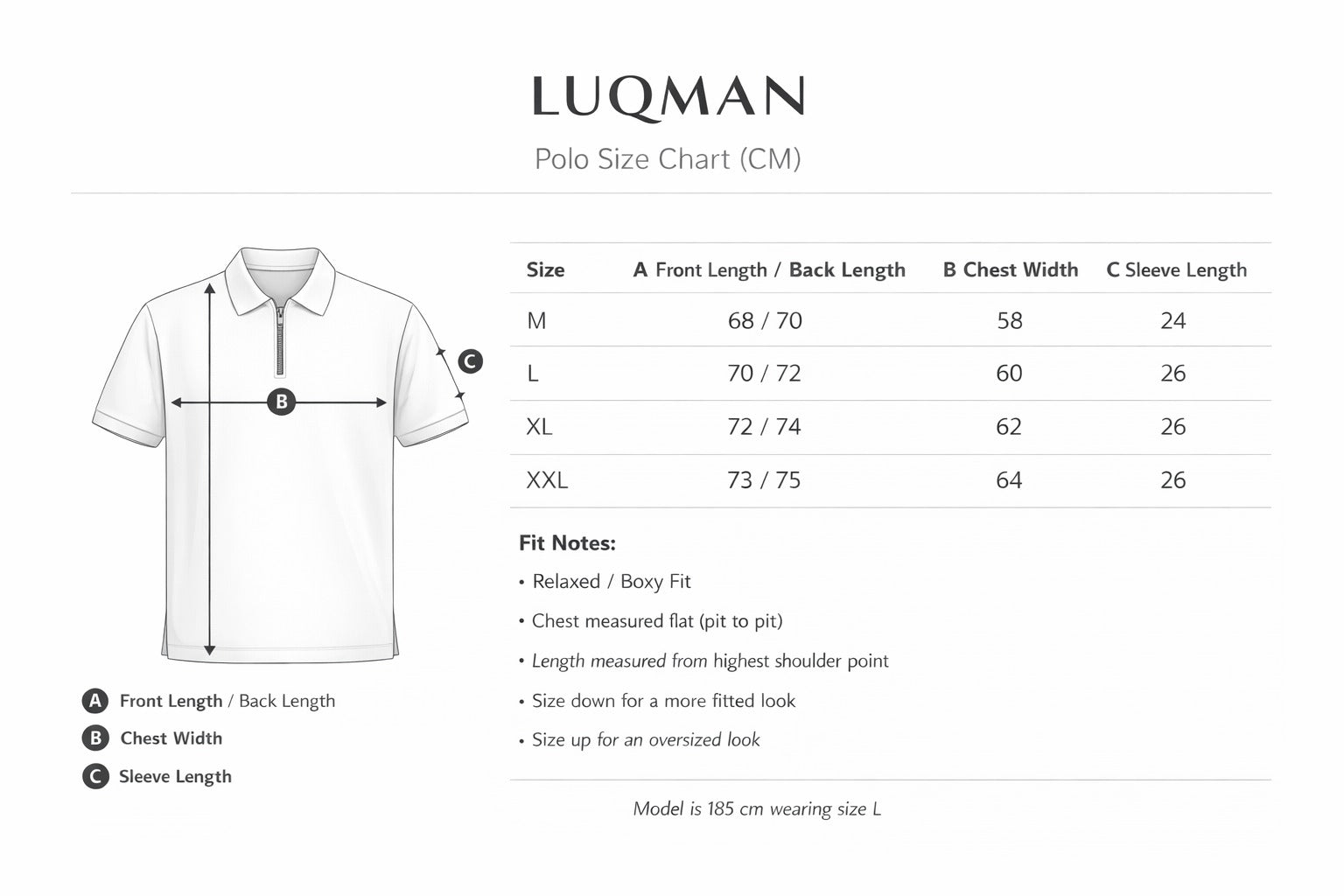 Luqman Polo Shirt Size Chart