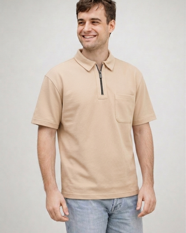 Luqman Half-Zip Textured Boxy Polo – Beige