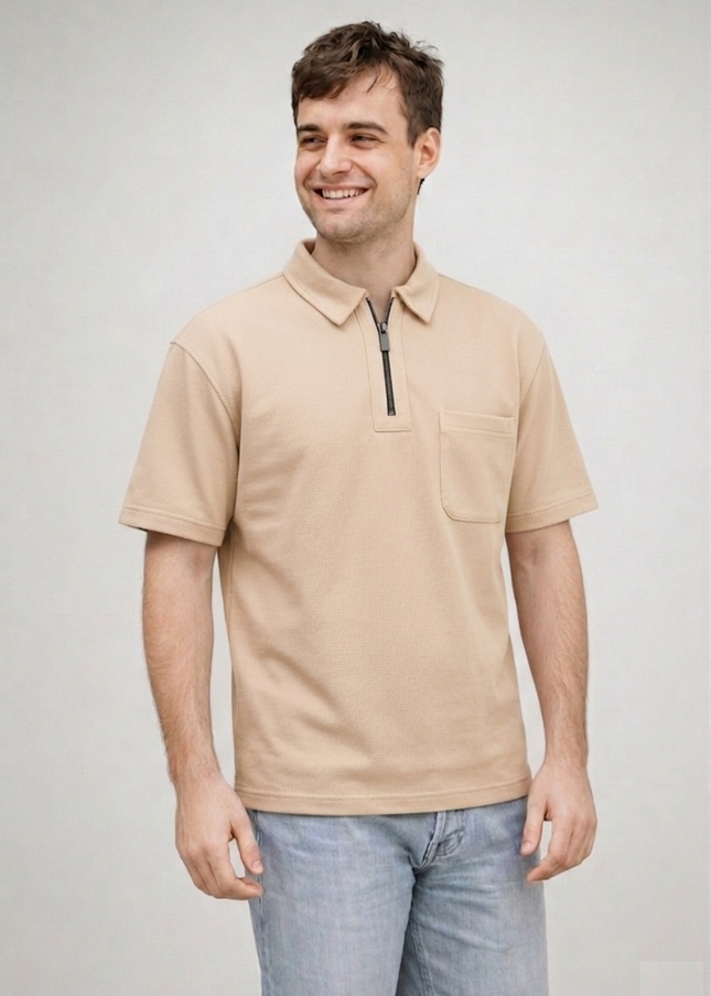 Luqman Half-Zip Textured Boxy Polo – Beige